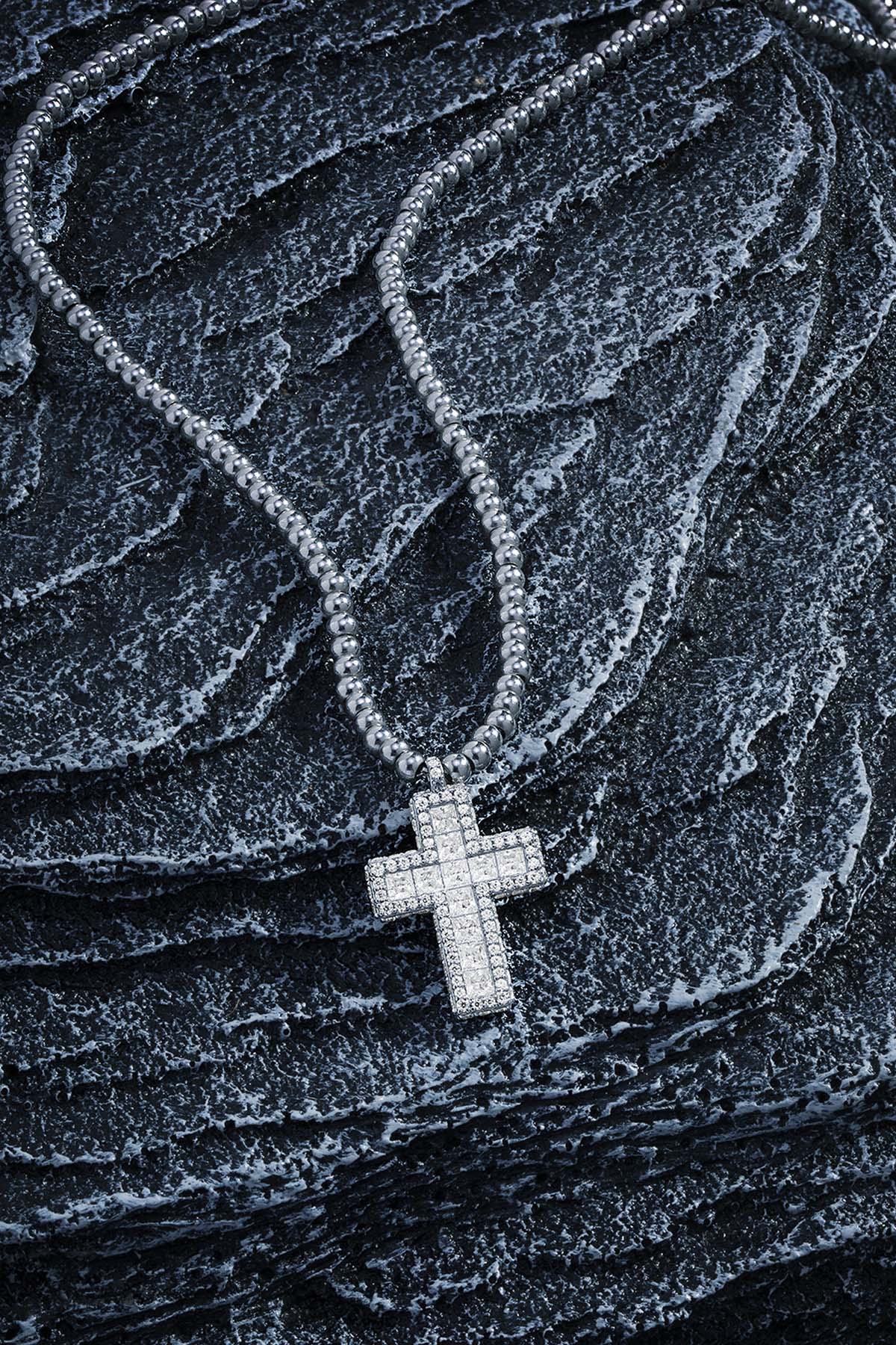 APM Monaco Pave Cross Adjustable Necklace With Beads in Silver