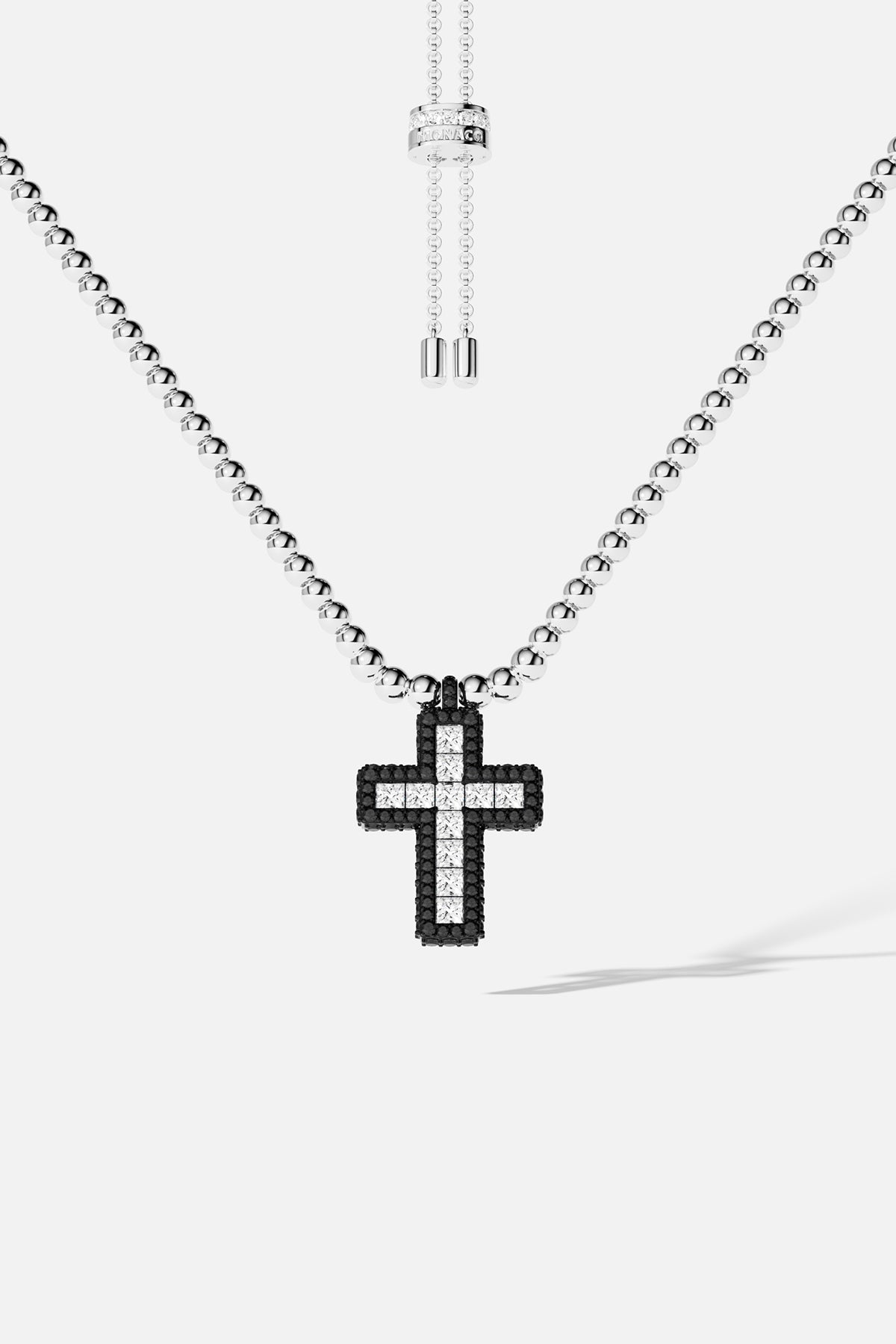 APM Monaco Black Pavé Cross Adjustable Necklace with Beads in Silver