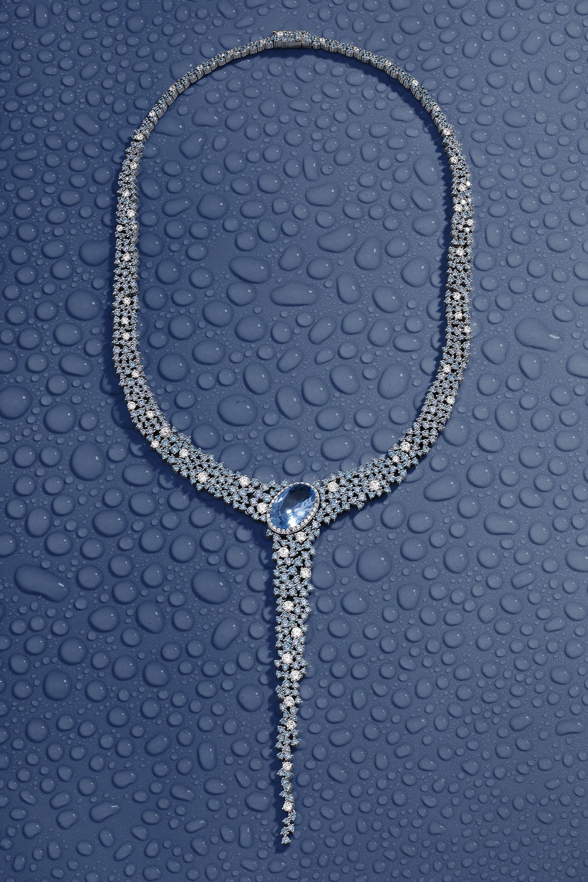 APM Monaco Lagoon Blue Y Drop Pave Necklace in Silver