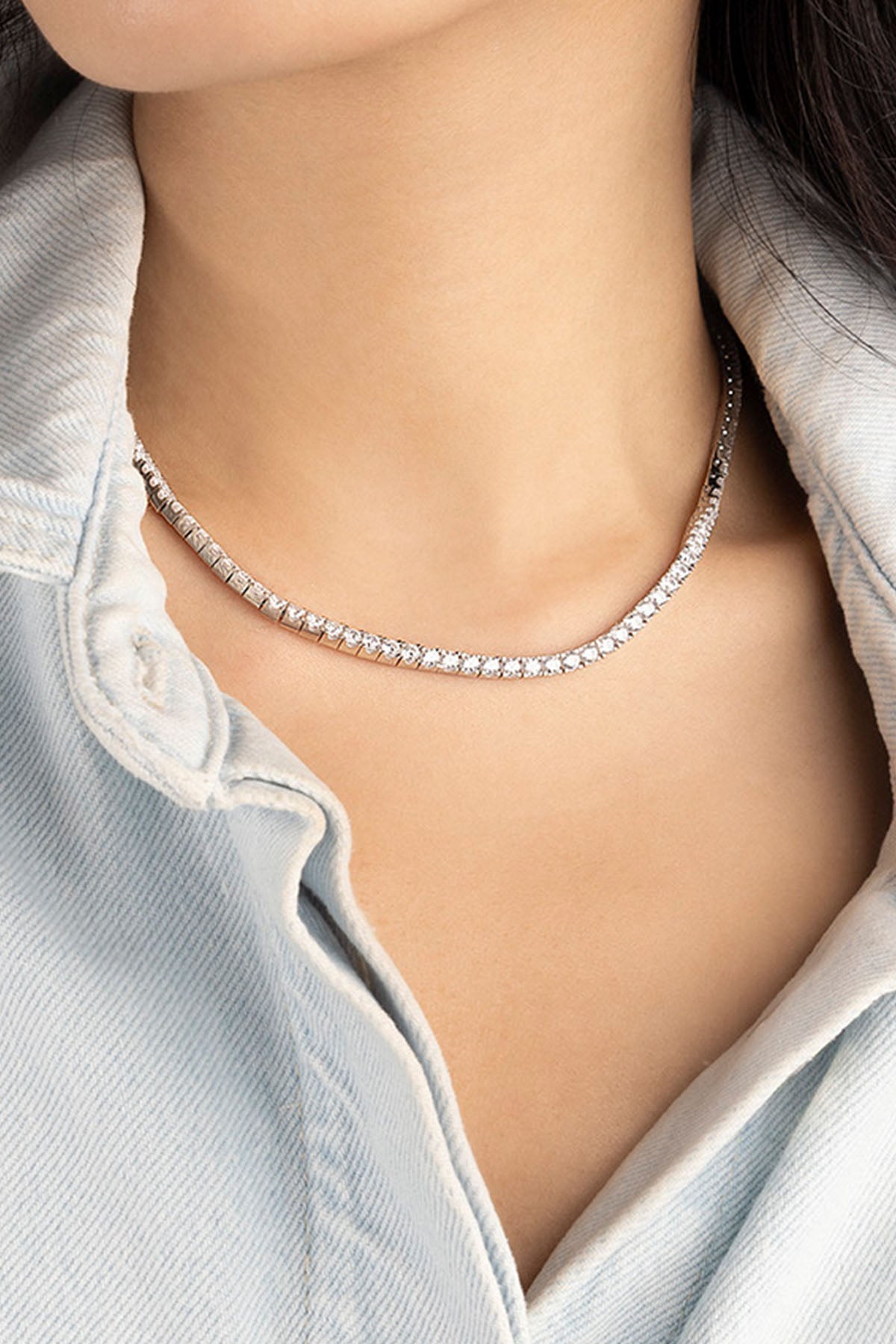 Pavé Choker worn by a model with a light blue shirt