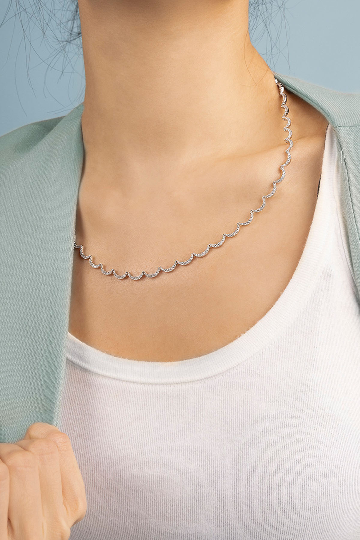 APM Monaco Wavy Silver Adjustable Necklace in Silver worn on neck