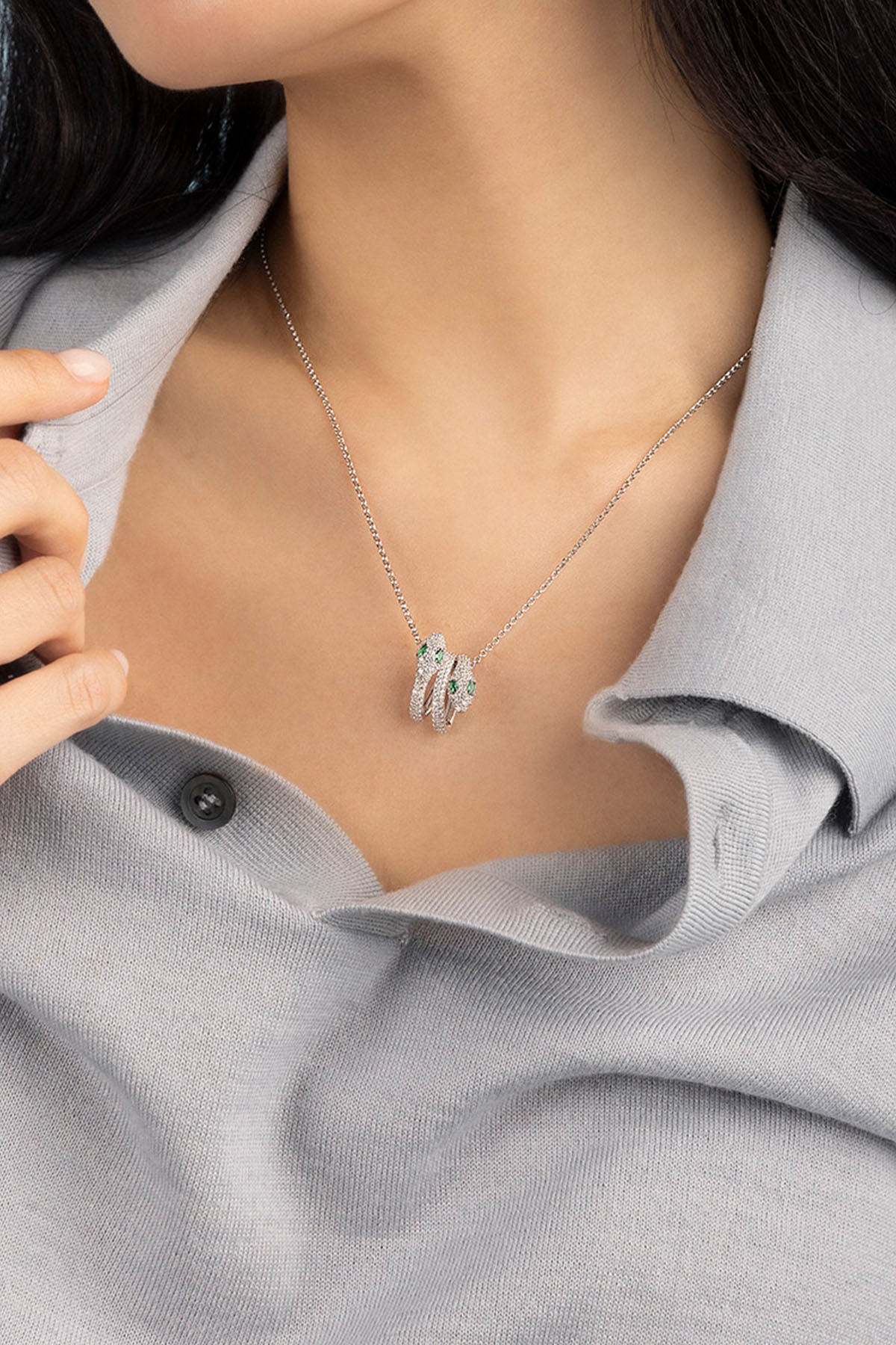 APM Monaco Kaa Adjustable Necklace in silver worn on neck