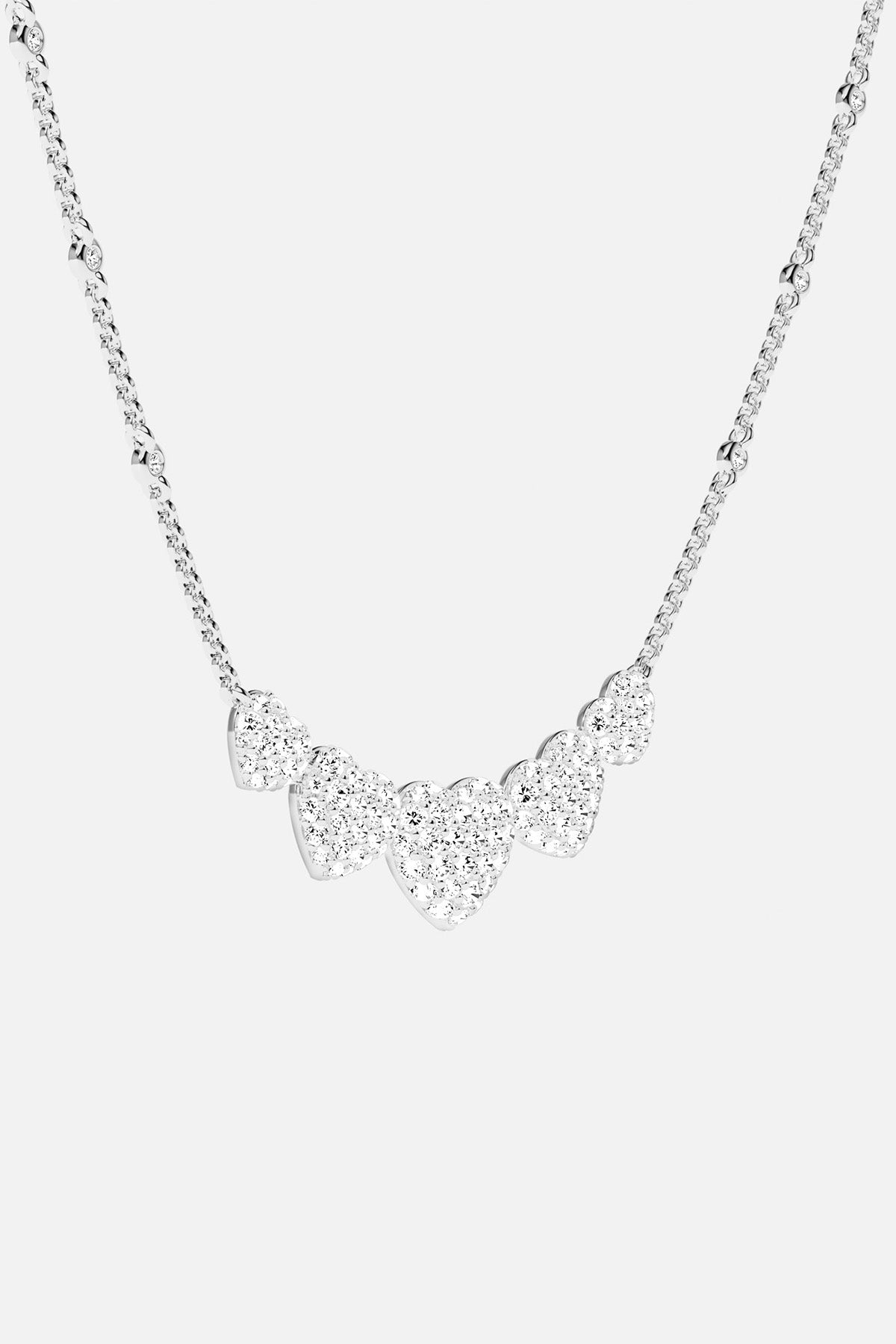 APM MONACO silver necklace with five heart-shaped pendants design on a white background