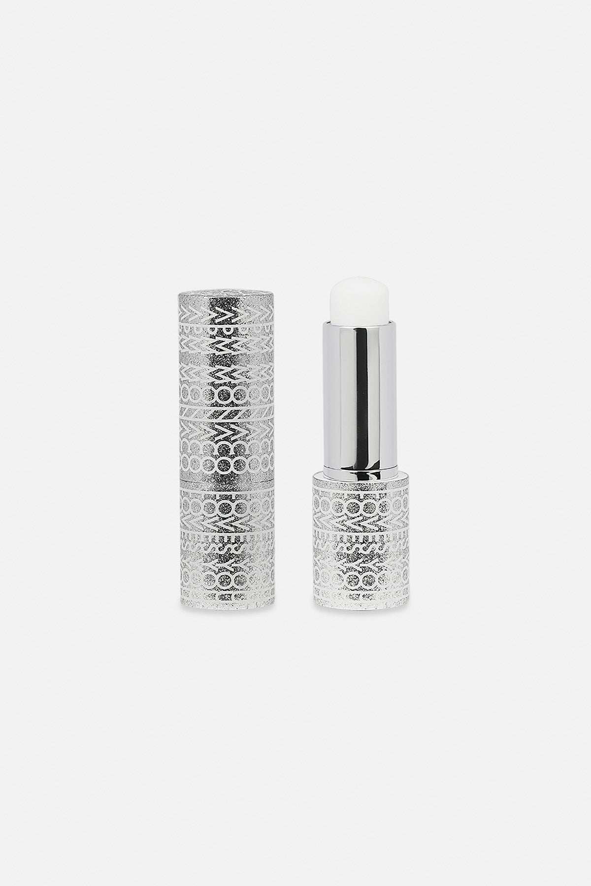 Silver lipstick with decorative case on a white background