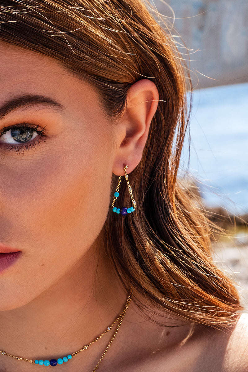 APM Monaco Dainty Chain Blue Stone Drop Earrings in Yellow Silver