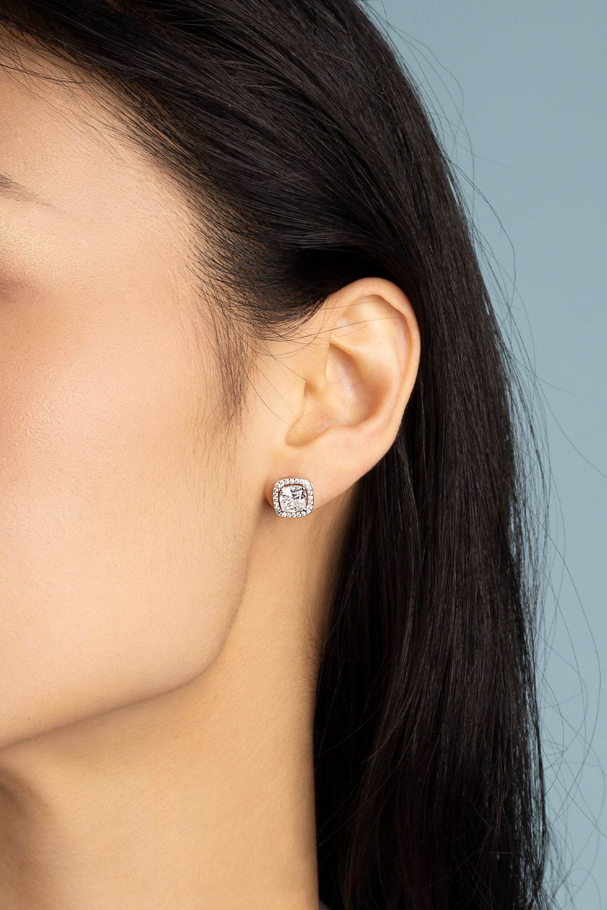 APM Monaco Square Stud Earrings in silver worn on ear
