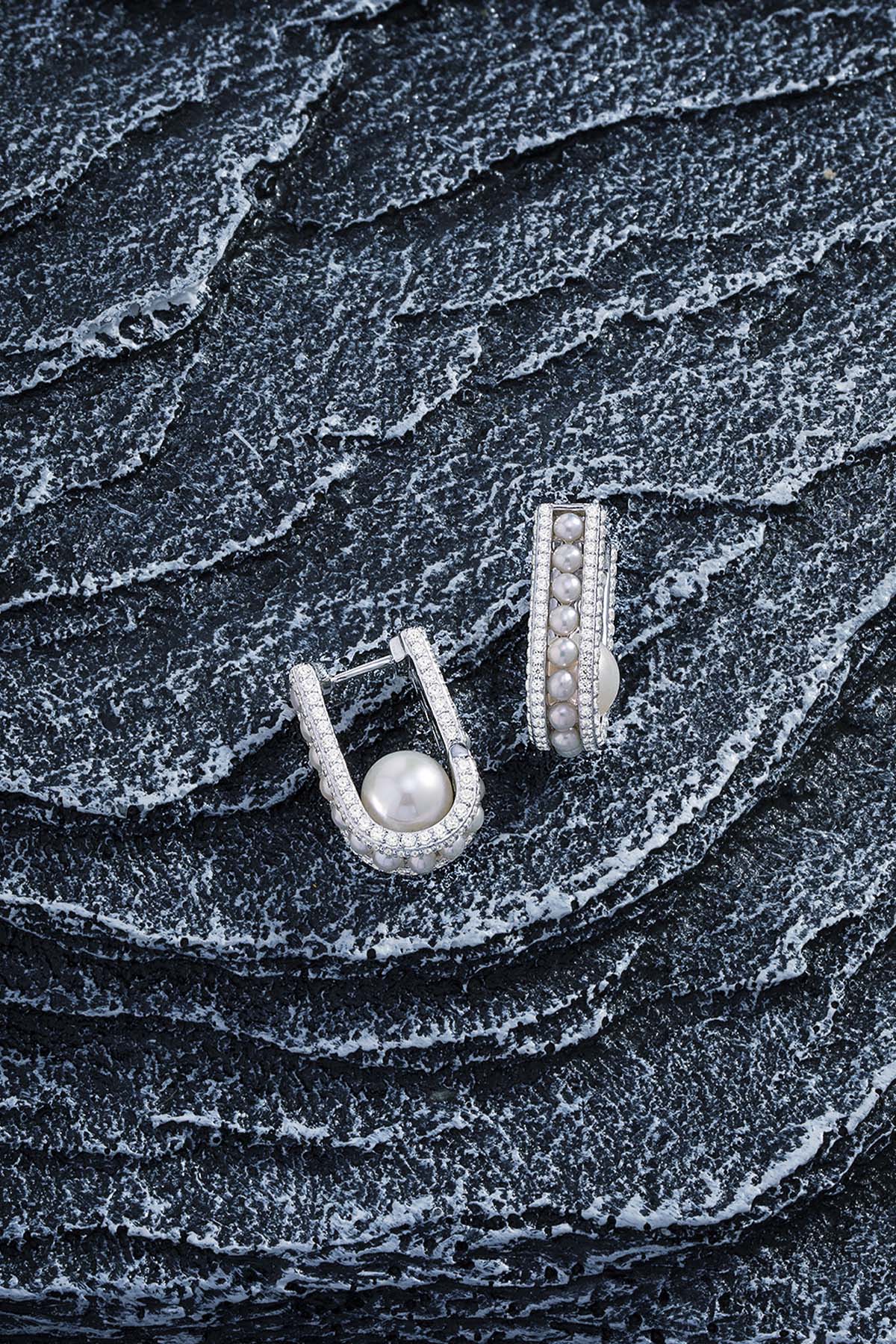 镶石珍珠圆圈耳环-银白色