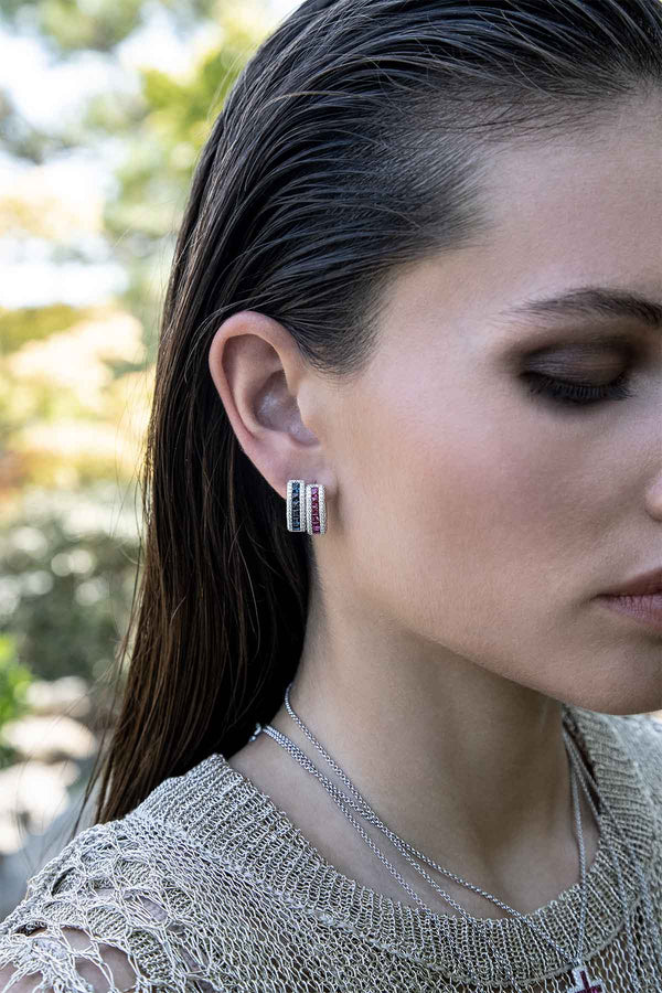APM Monaco Blue Pavé Rectangle Hoop Earrings in Silver