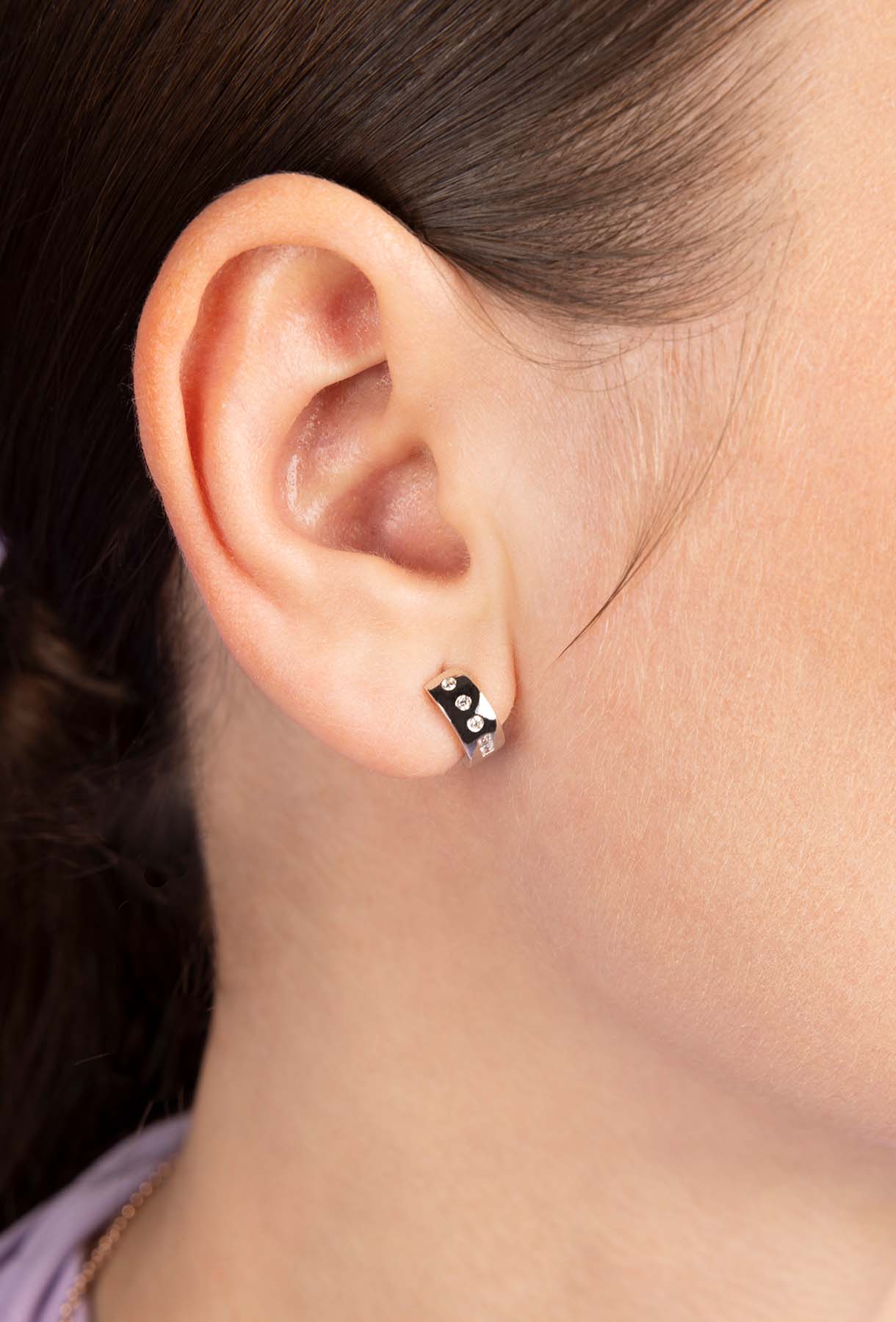 Love Morse Code earrings worn by model