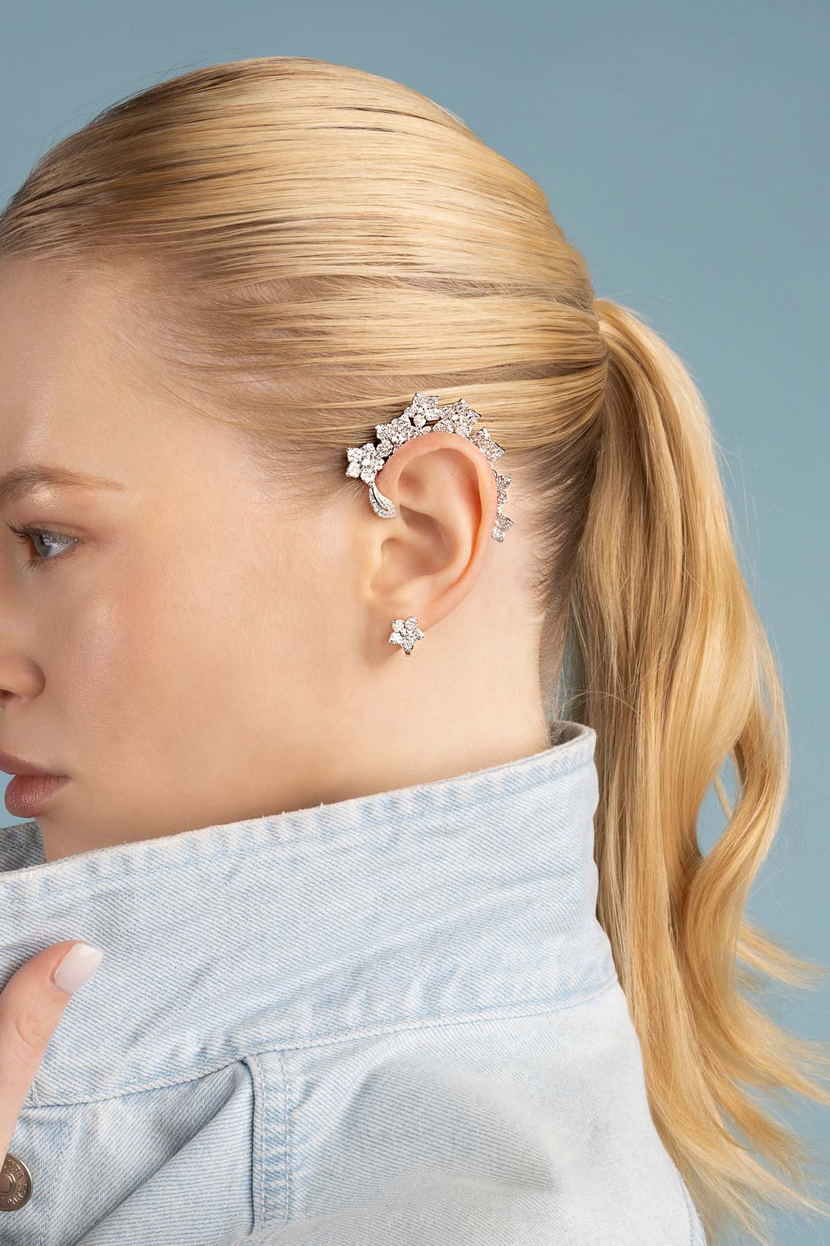 APM Monaco Asymmetric Blossom Stud Earring & Ear Cuff in Silver