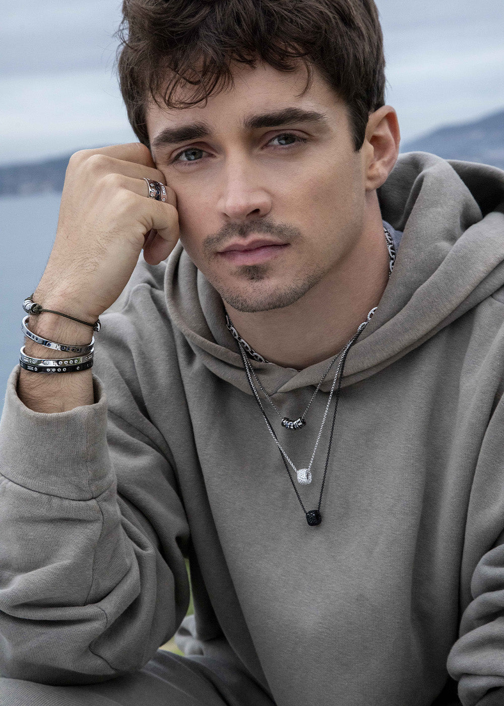Charles Leclerc Wearing Ajustable necklace With Pave Ring in Silver
