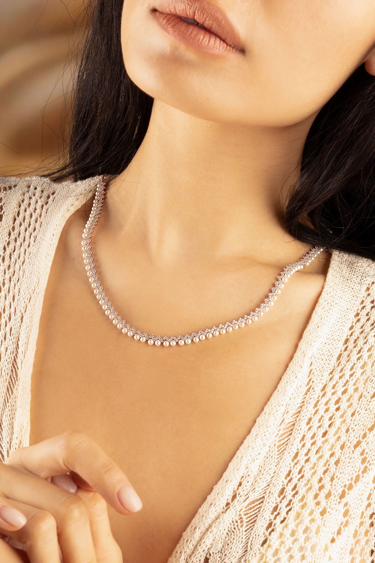 APM Monaco Up and Down Adjustable Necklace with Pearls worn on model