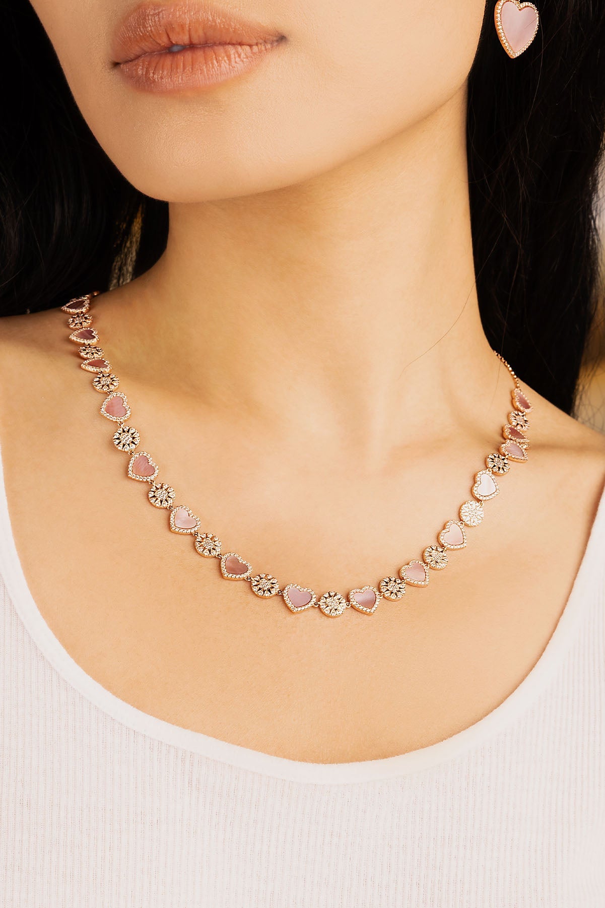 APM Monaco Pink Nacre Heart & Dot Adjustable Necklace in Rose Gold