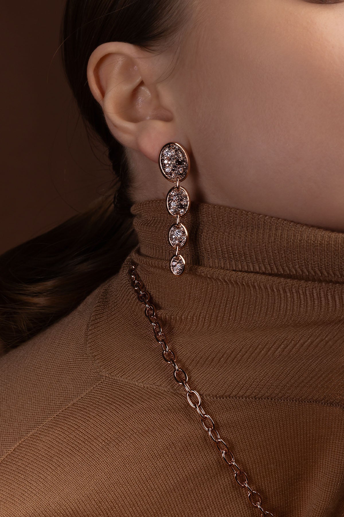 APM Monaco Asymmetric Drop Chocolate Pavé Earrings in Rose Gold