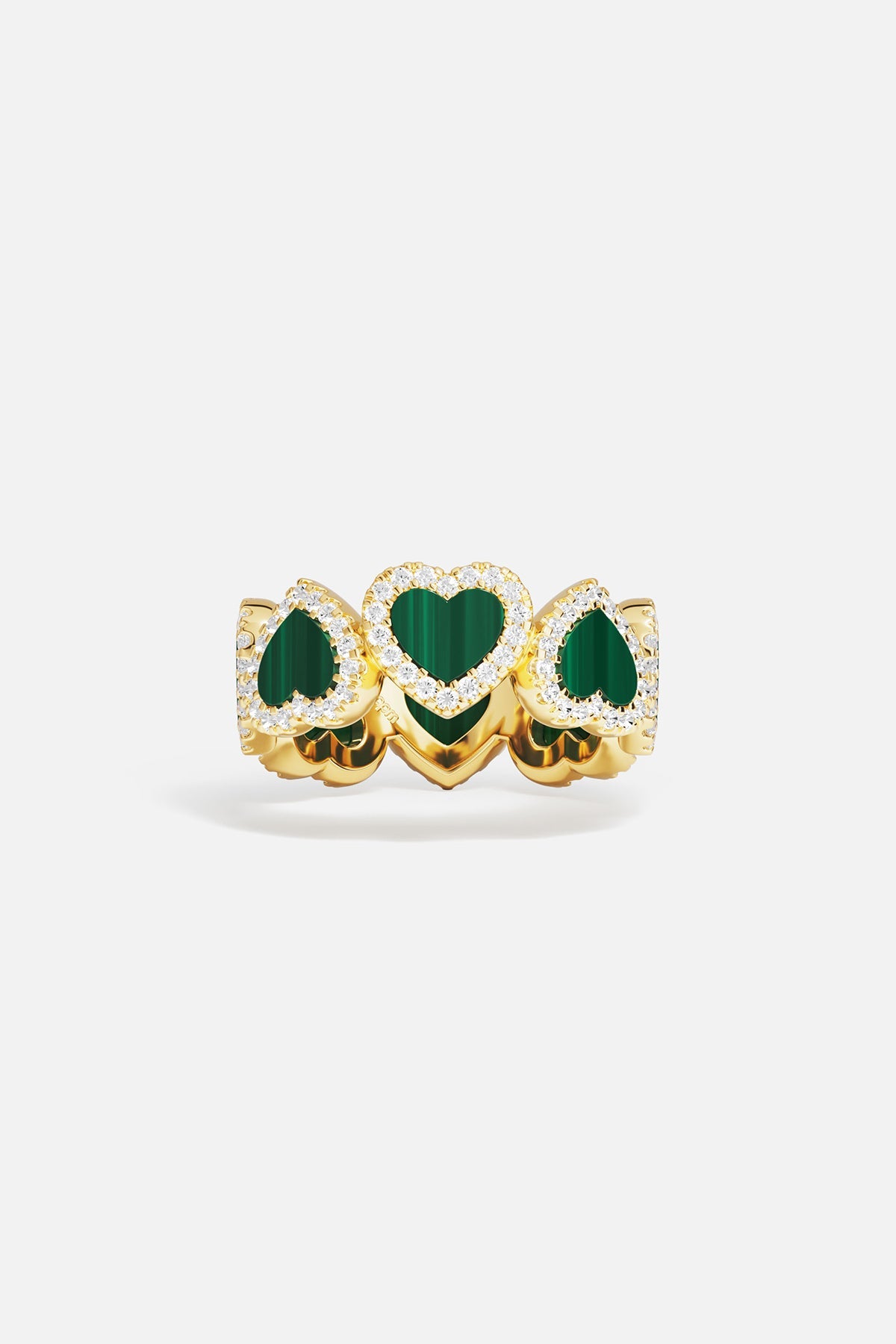 Rings APM Monaco, yellow gold ring featuring malachite-green heart shapes, each outlined with clear stones.