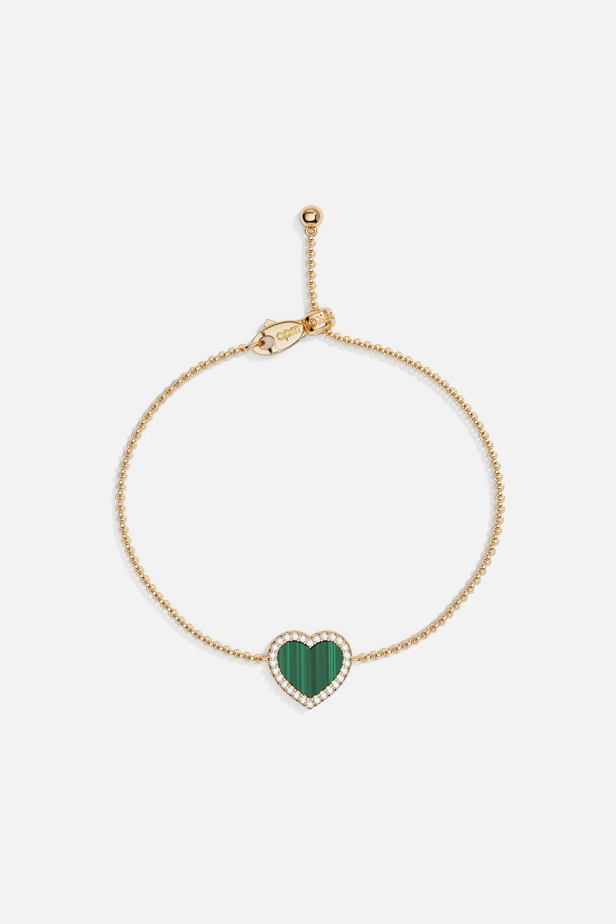 Bracelets APM Monaco: yellow gold beaded bracelet with a green malachite heart pendant outlined in diamonds, adjustable.
