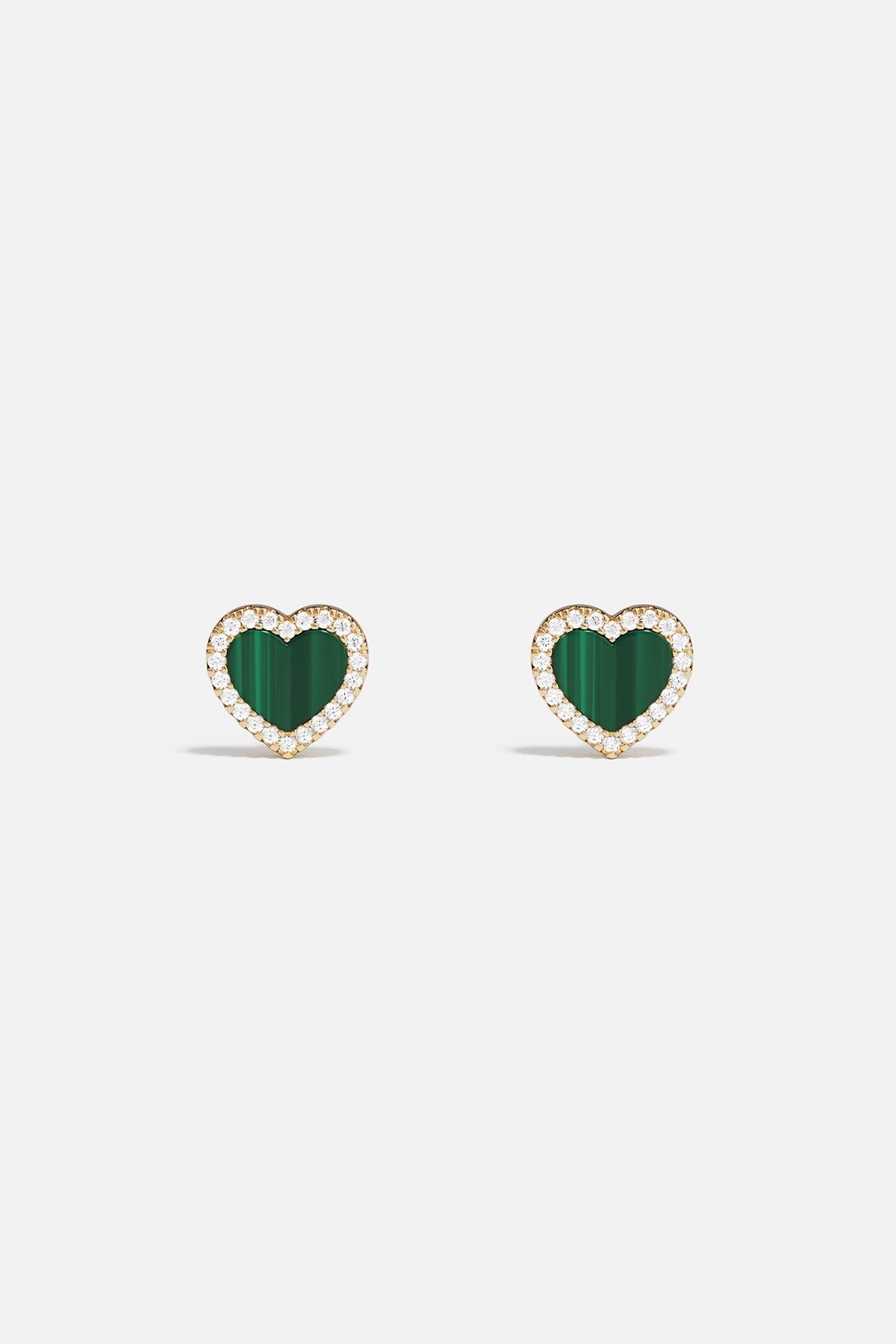 Earrings APM Monaco in yellow gold; heart-shaped malachite stone surrounded by pavé diamonds; stud style.