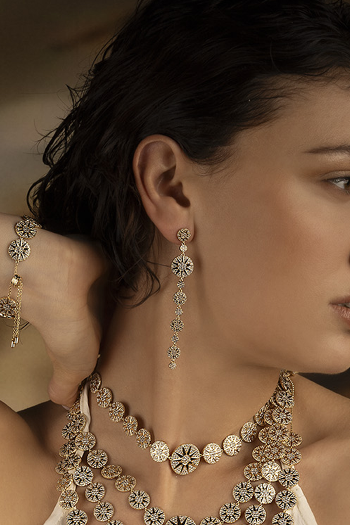APM Monaco Long Soleil Earrings worn on model