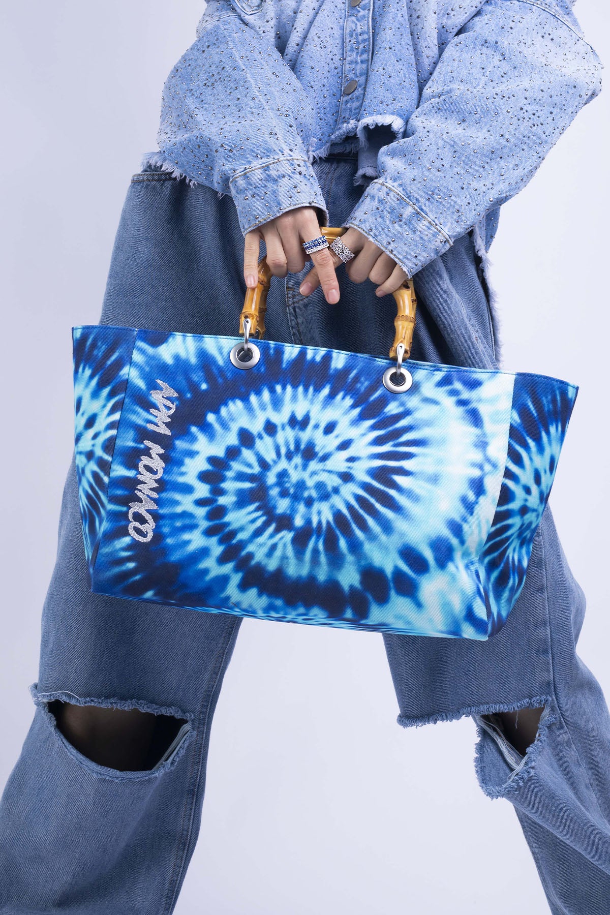 Blue Tie-Dye Bag with bamboo handle