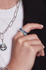 APM Monaco Navy & Lagoon Crossed Rectangle Ring in Silver
