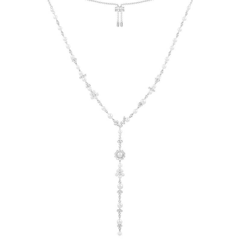 Y型垂坠珍珠花朵可调节项链-银白色