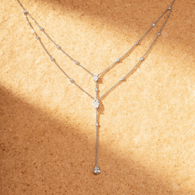 Double Chain Y-Drop Adjustable Necklace with Oval Stones