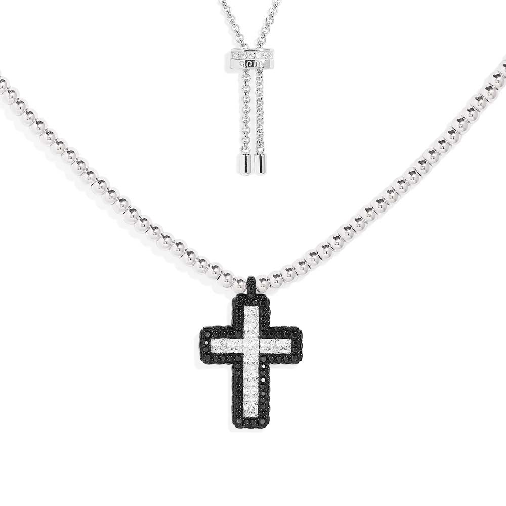Black Pavé Cross Adjustable Necklace with Beads - APM Monaco UK