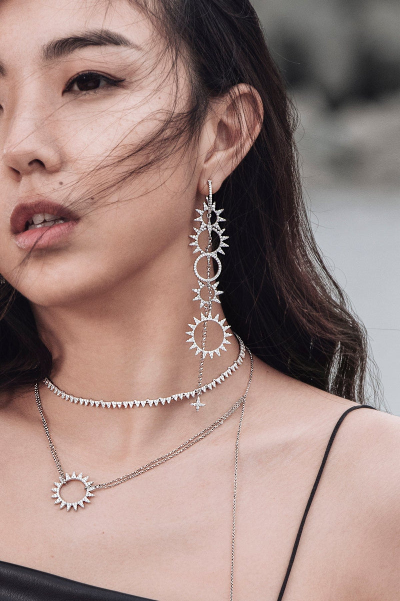 Long Asymmetric Sun Pendant Earring and Hoop