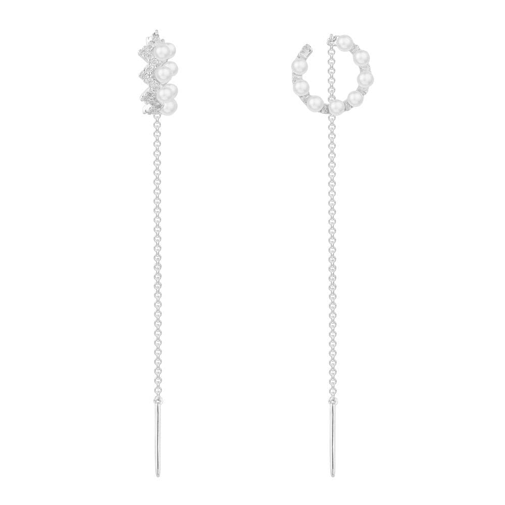 起伏线条耳环饰珍珠和坠链 - 银白色