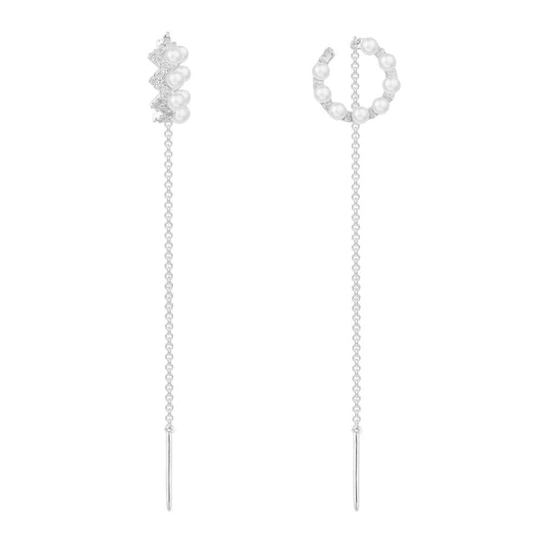 起伏线条耳环饰珍珠和坠链 - 银白色