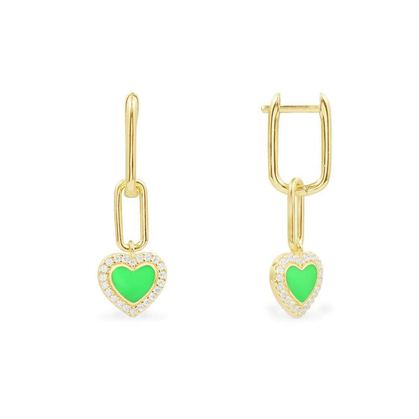 Neon Green Heart Chain Earrings