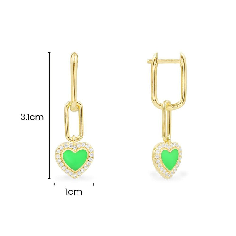Neon Green Heart Chain Earrings