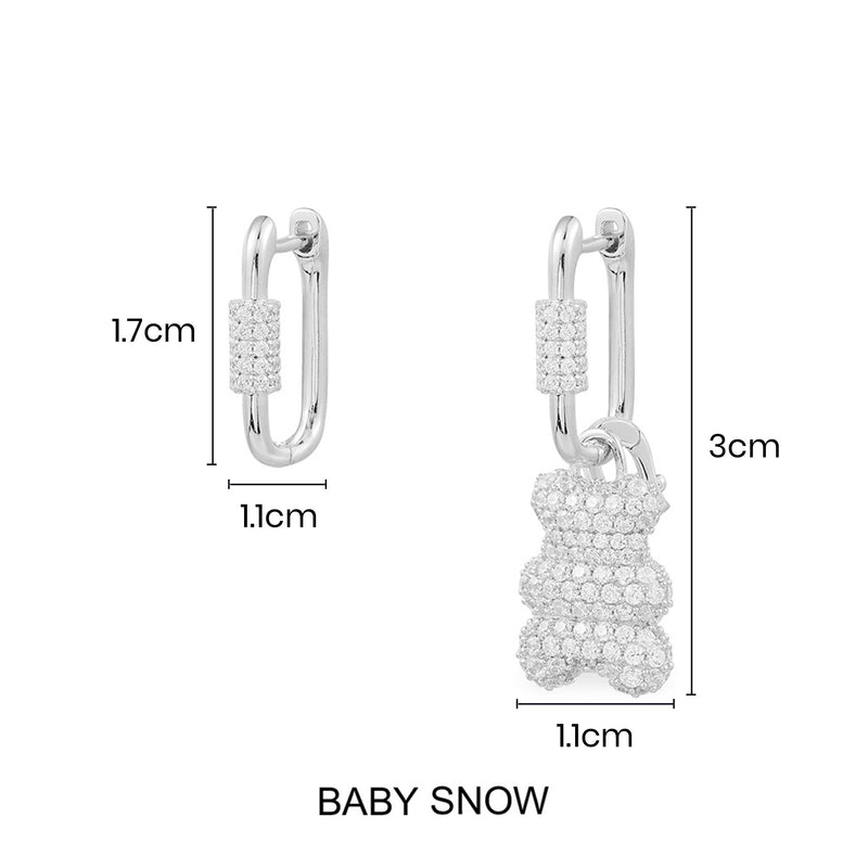 Baby Snow Yummy Bear (Clippable) Asymmetric Hoop Earrings – Silver