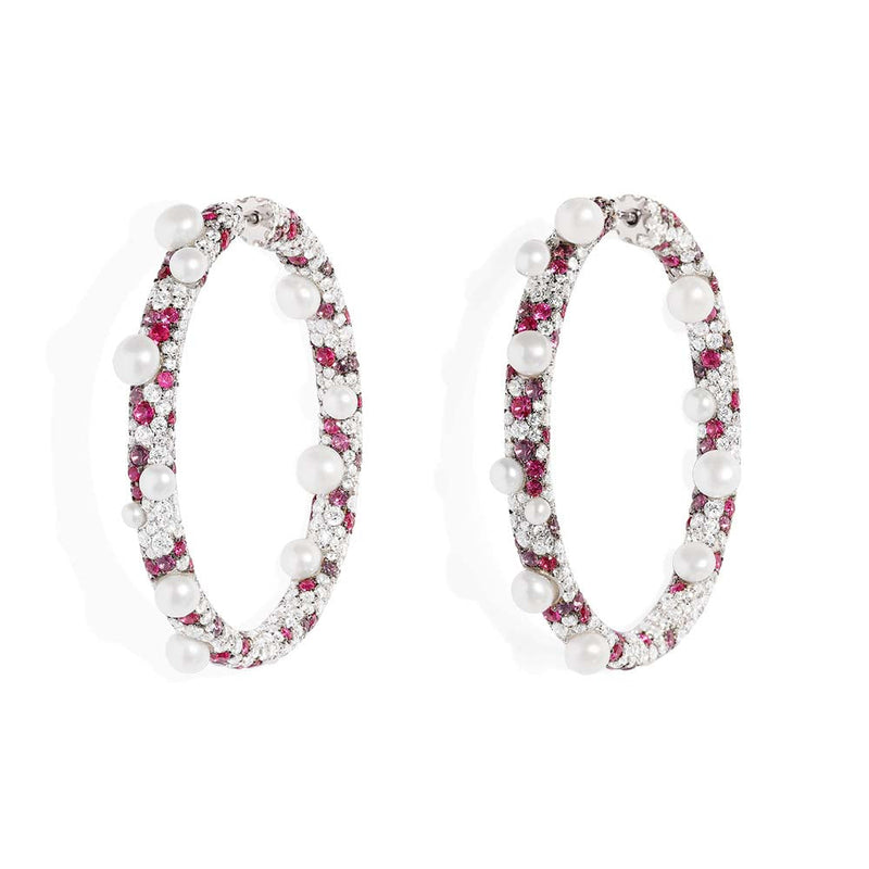 Fuchsia Pavé Hoop Earrings with Pearls
